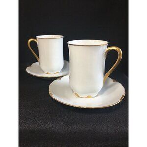 2 Demitasse Tea Cups & Saucers H&C Heinrich & Co White W/ Gold Trim Bone China